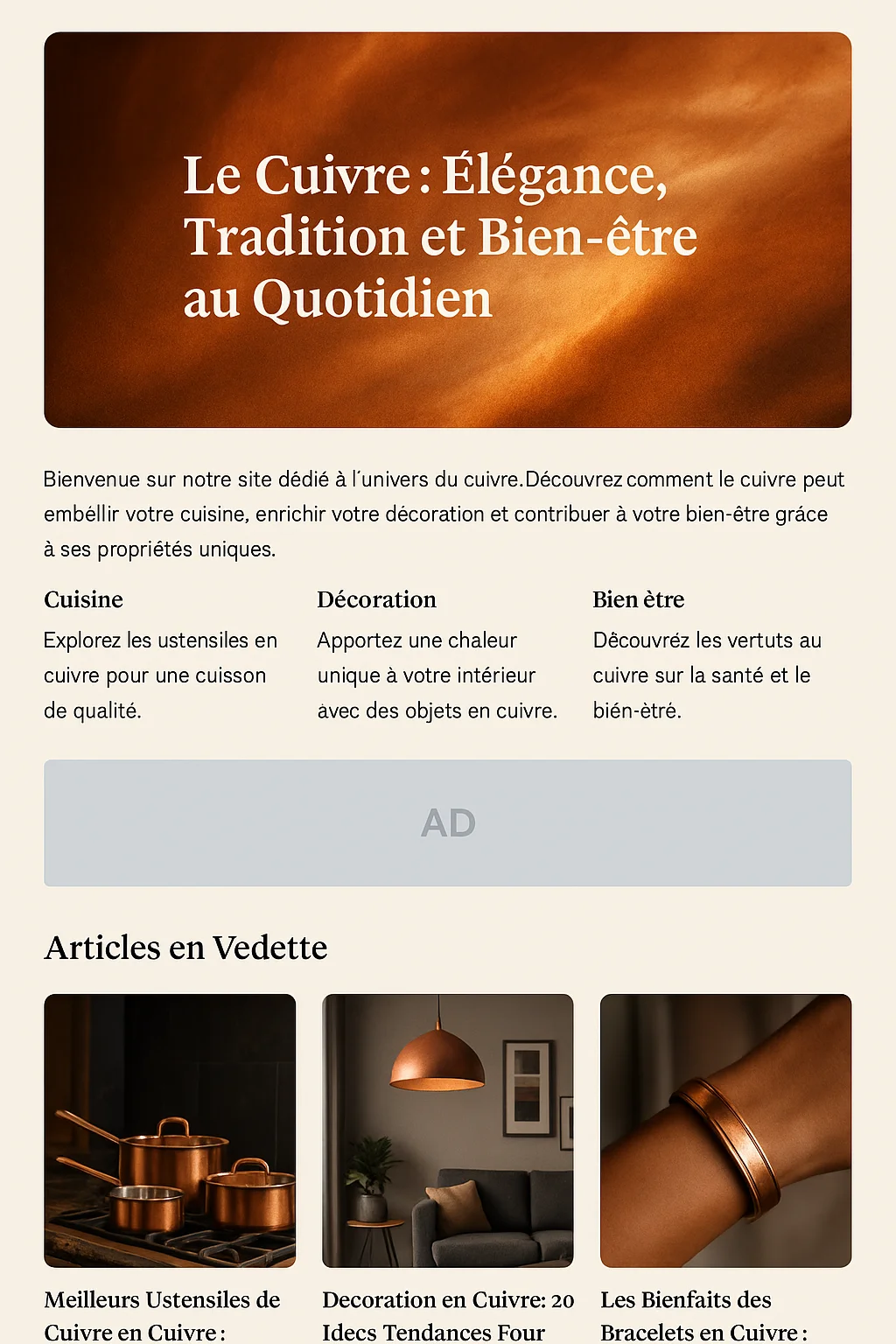 Ensemble d'ustensiles de cuisine en cuivre étincelant